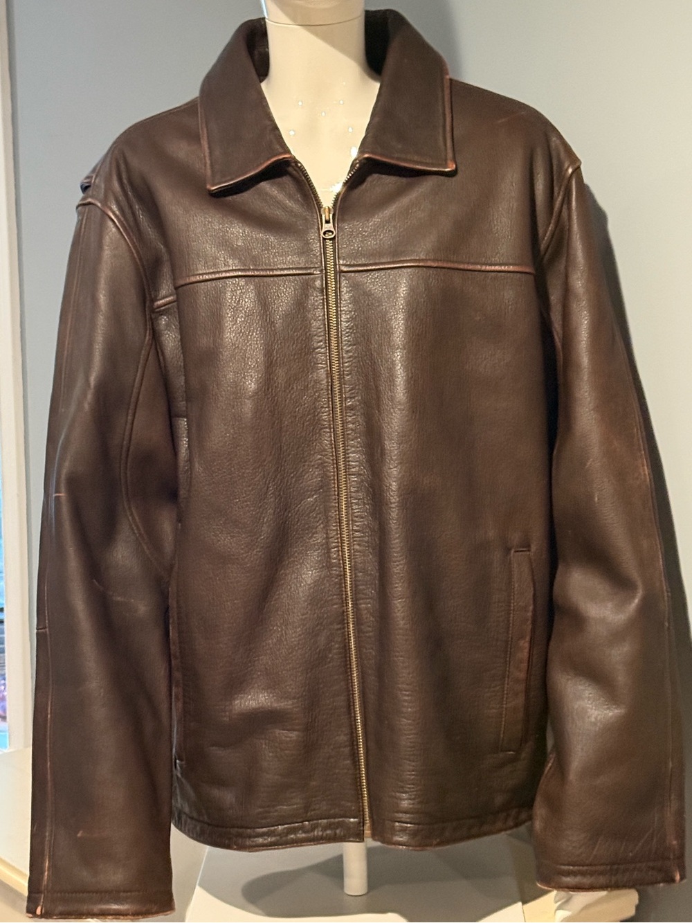 Men's Dark Brown Leather Bomber Jacket - Classic Zip Front - Size Medium